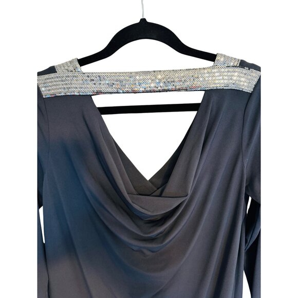 Calvin Klein Size 6 Grey Draped Dress With Sequined Neckline - Picture 5 of 10